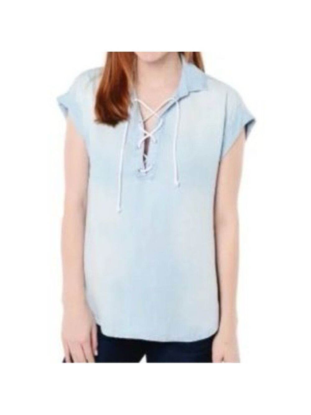 Bella Dahl Denim Tencel Cap Sleeve Lace Up Top. Size XS